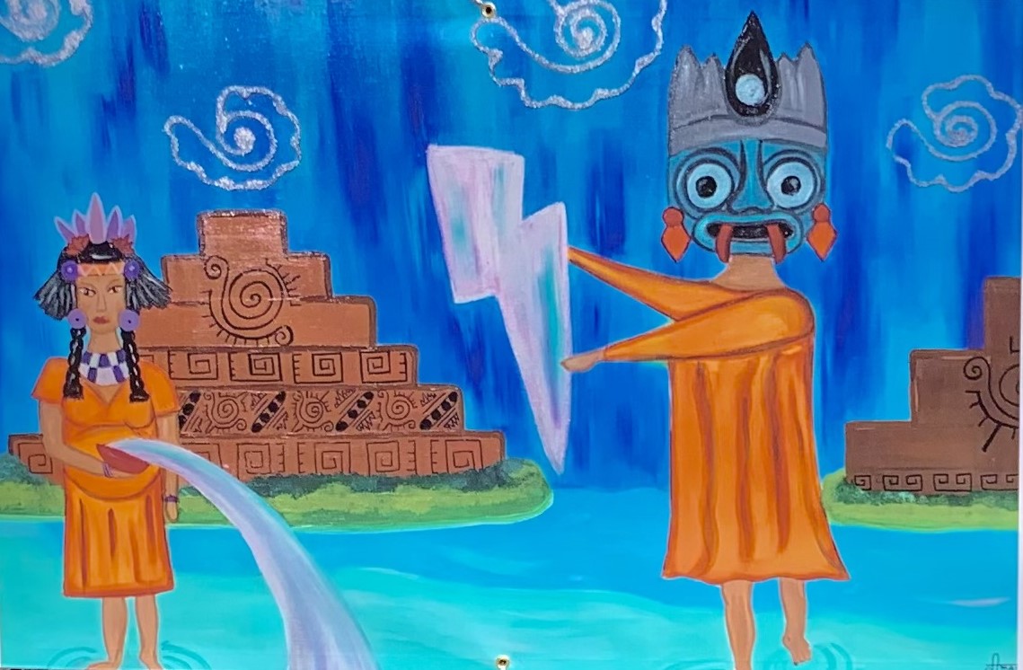 Aztec god holding a thunder bolt with a pyramid behind.