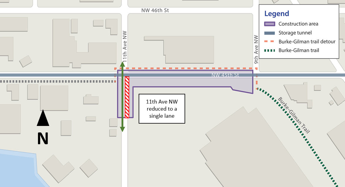 map showing 11th ave down to one lane, south of 45th
