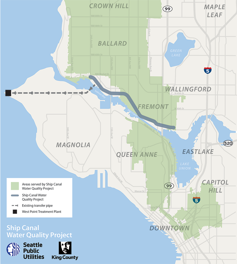 An aerial map of the Ship Canal Water Quality Project site. The base map shows the projected tunnel site as a dark blue line that runs from the eastern end of Fremont towards Ballard. A dotted line indicates the location of the existing pipe transfer, which runs from the end of the tunnel in Ballard to the West Point Treatment Plant, which is denoted as a black square. The areas served by the Ship Canal Water Quality project are highlighted in green and include: Crown Hill, Ballard, Fremont, Wallingford, Queen Anne, Capitol Hill and Downtown.