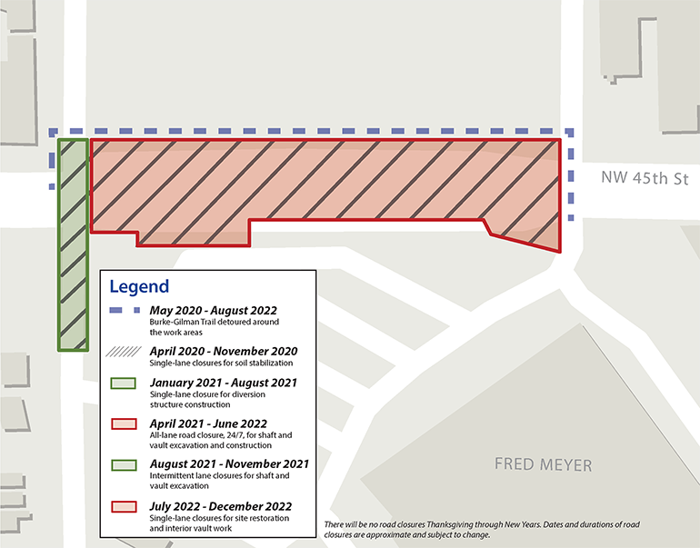 Aerial map of planned road closures needed for construction. Single lane or full road closures planned for NW 45th St and 11th Ave NE